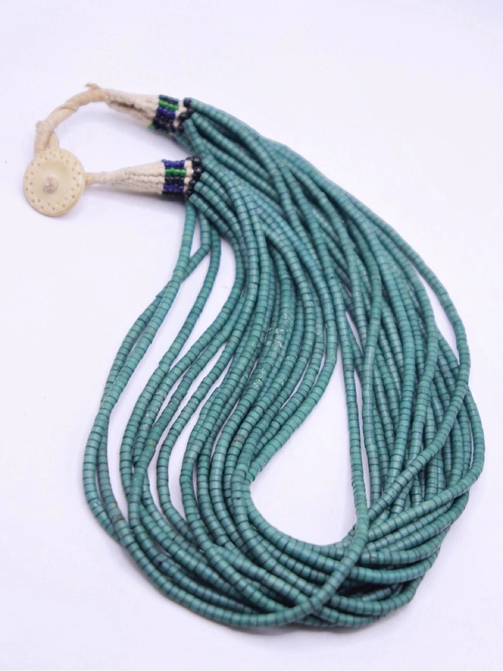 Tribal Naga Turquoise tone beaded multi strand necklace 22”